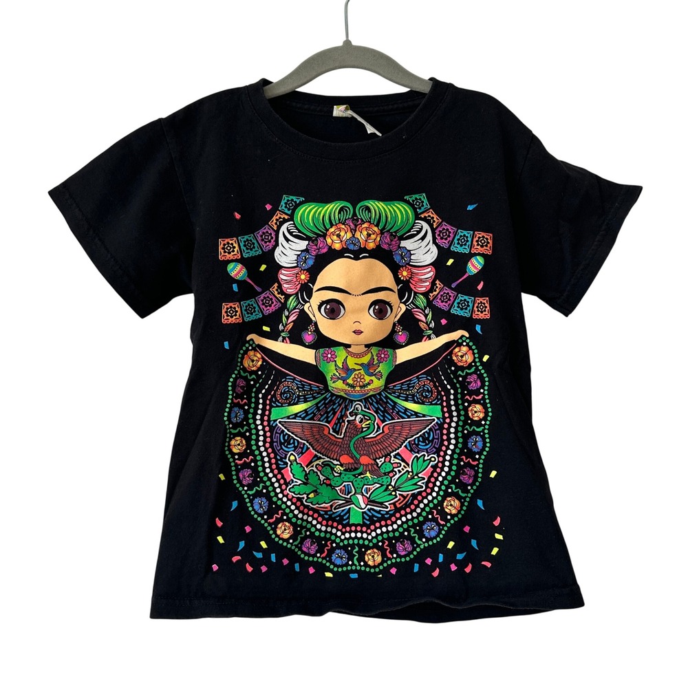 Mexican Cotton Kids Frida Kahlo Graphic T-Shirt Black Size 6 Double Sided Print